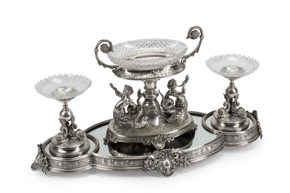 SILVERPLATE, CUT CRYSTAL TABLE
