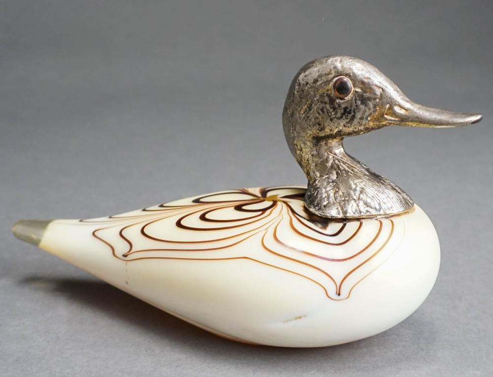 SILVERPLATE MOUNTED ART GLASS DUCK,
