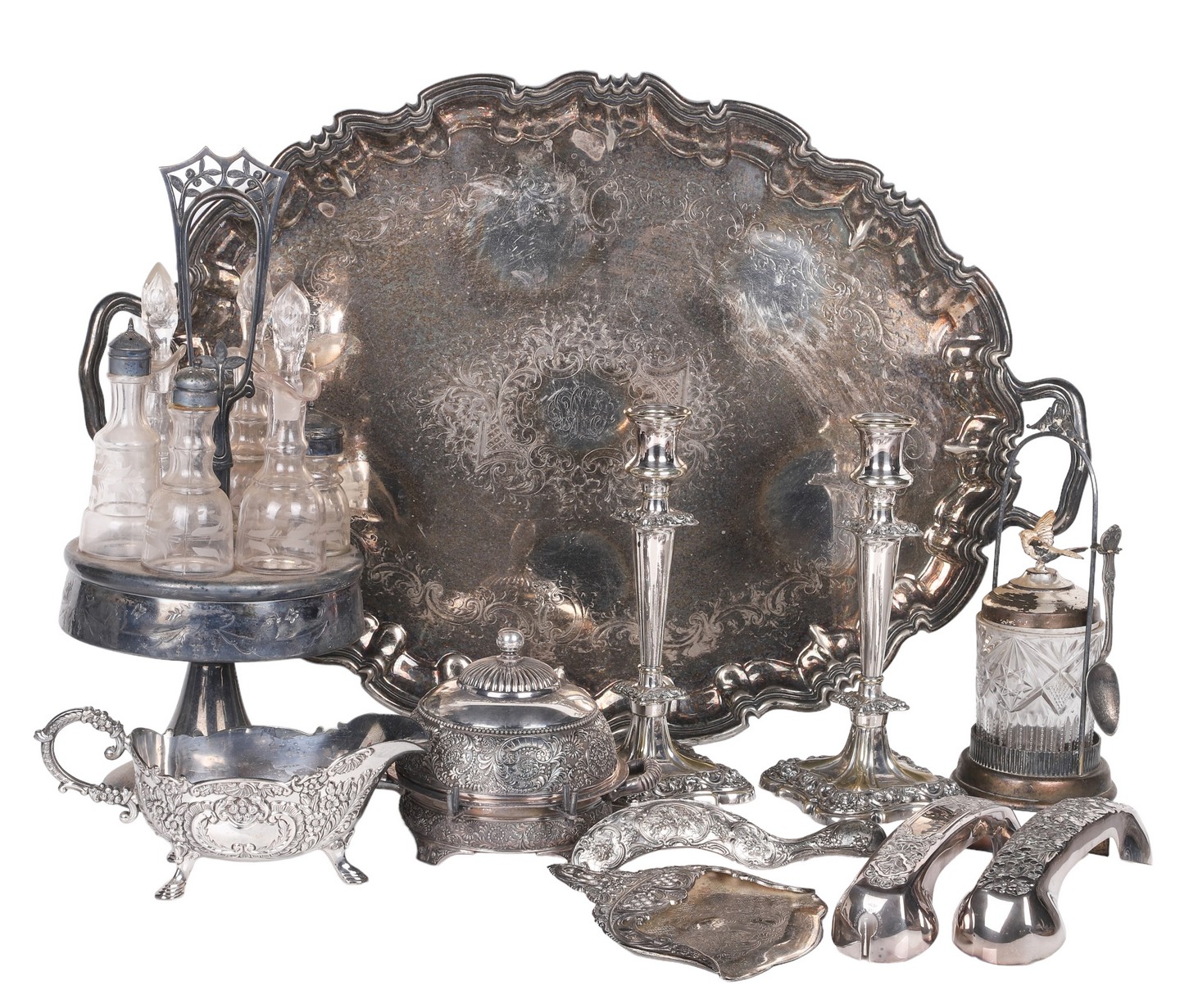 Silverplate tray and table items to