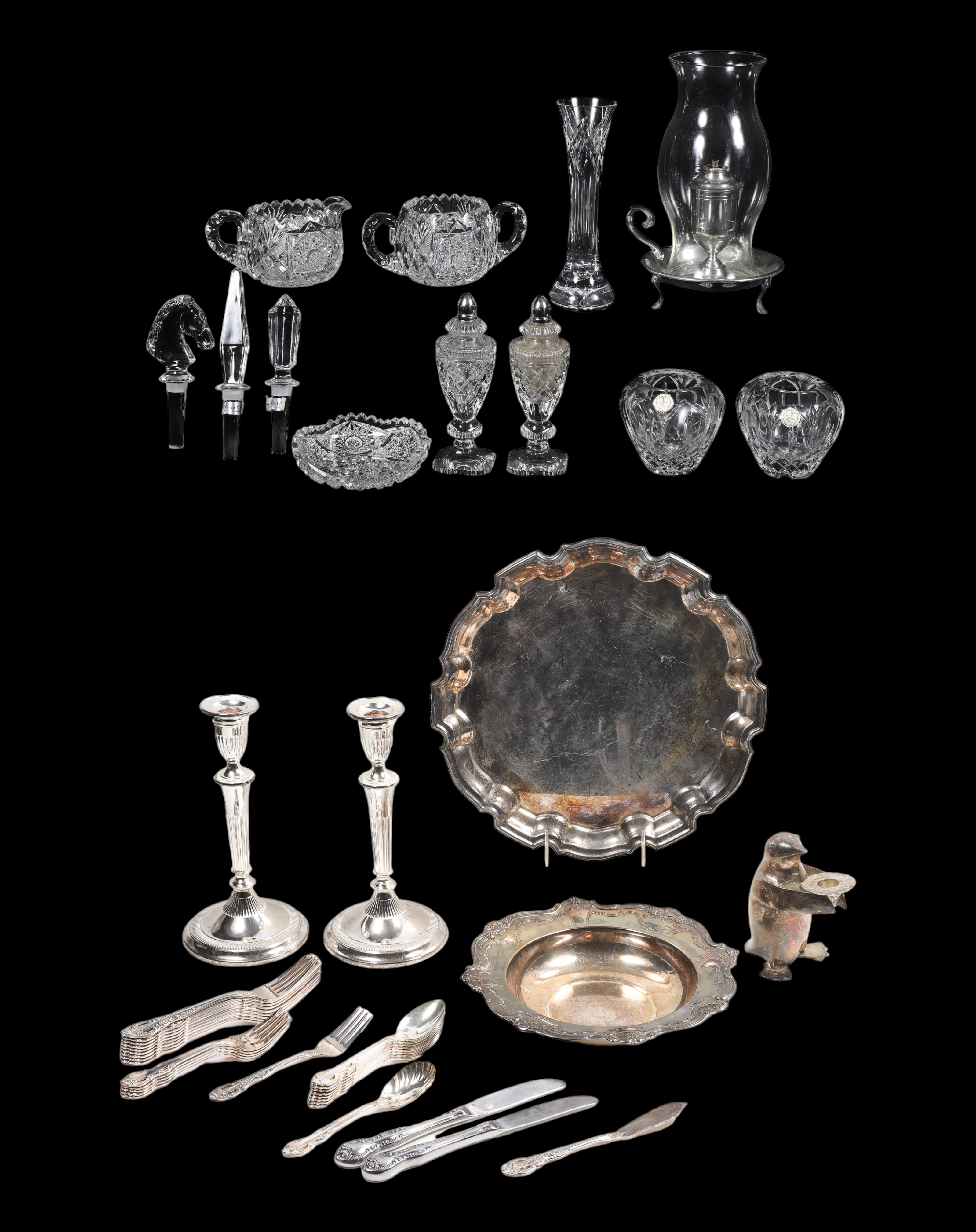 Silverplate trays, candlesticks and