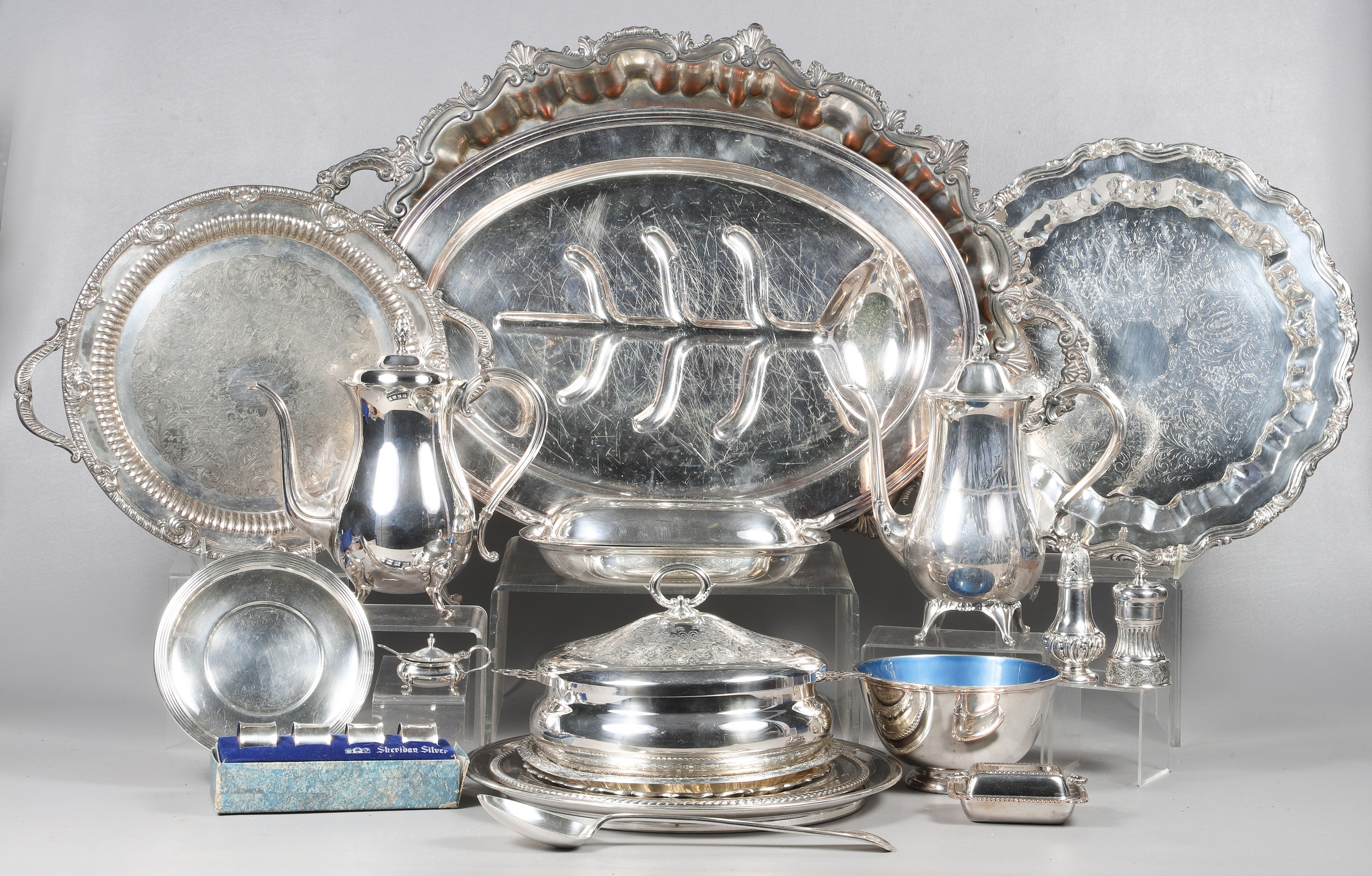 Silverplate trays, tea and table