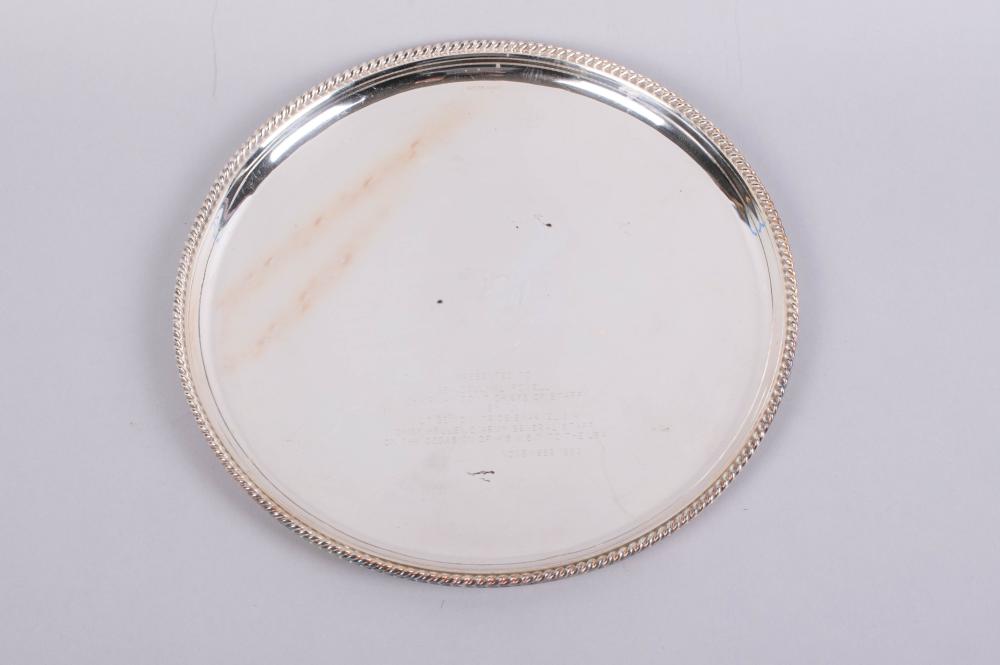 SILVERPLATED TRAY PRESENTED TO