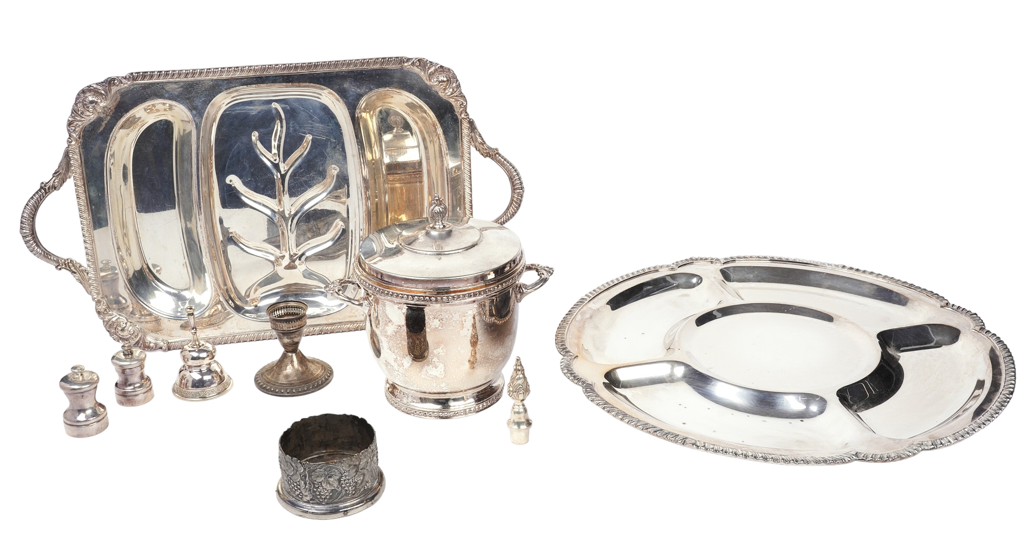 Silverplated trays and table