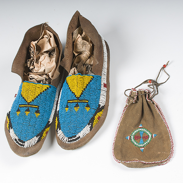 Sioux Beaded Hide Moccasins and Bag