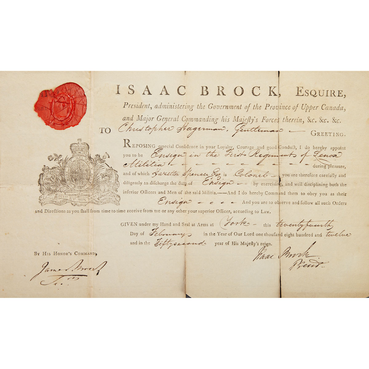 Sir Isaac Brock Appointment of