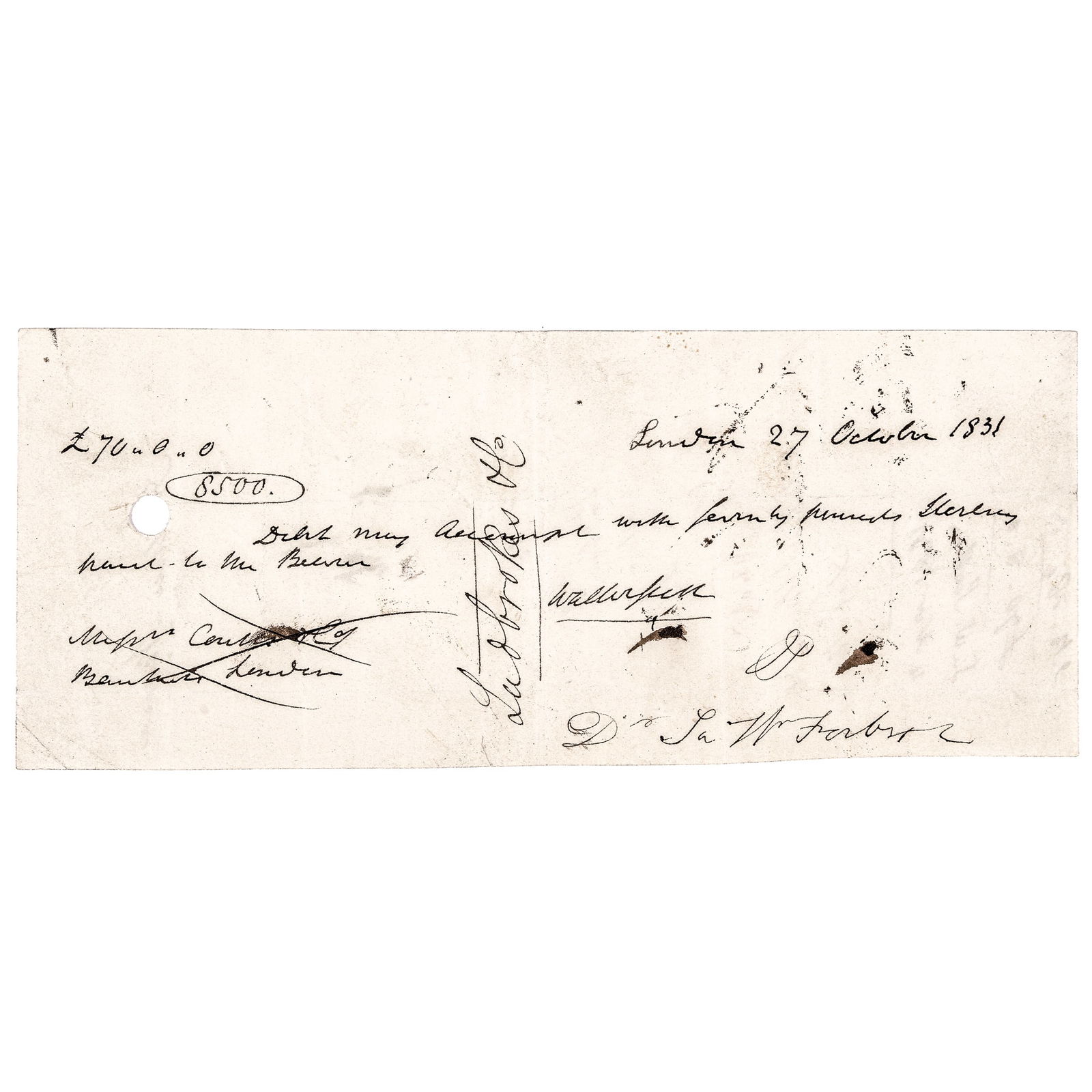 SIR WALTER SCOTT SIGNED BANK CHECK,