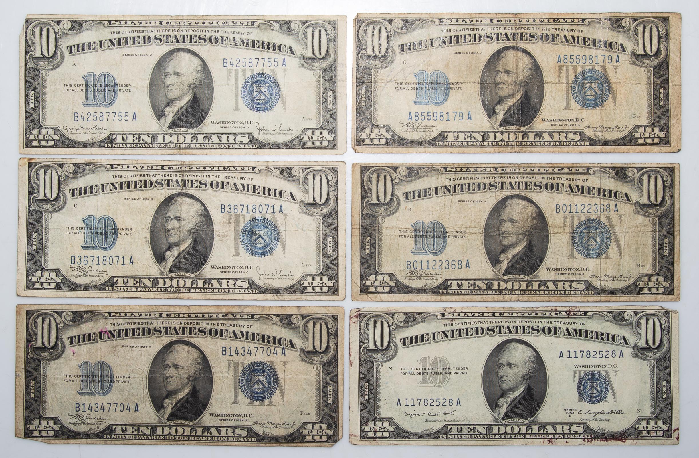 SIX $10 SILVER CERTIFICATES, FIVE