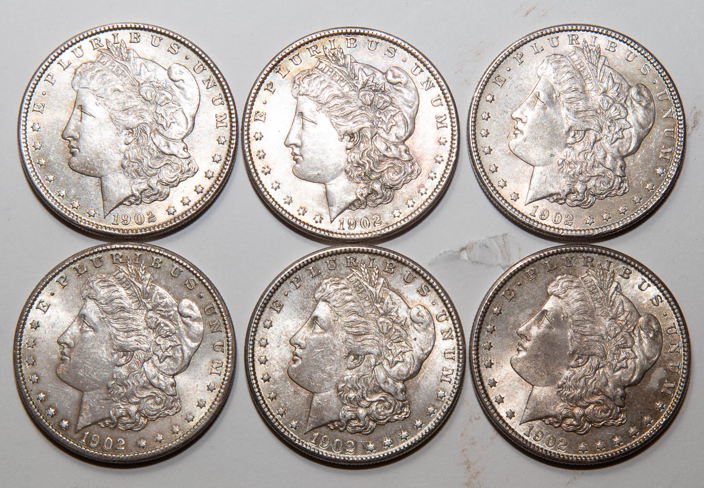 SIX 1902-O MORGAN DOLLARS XF,