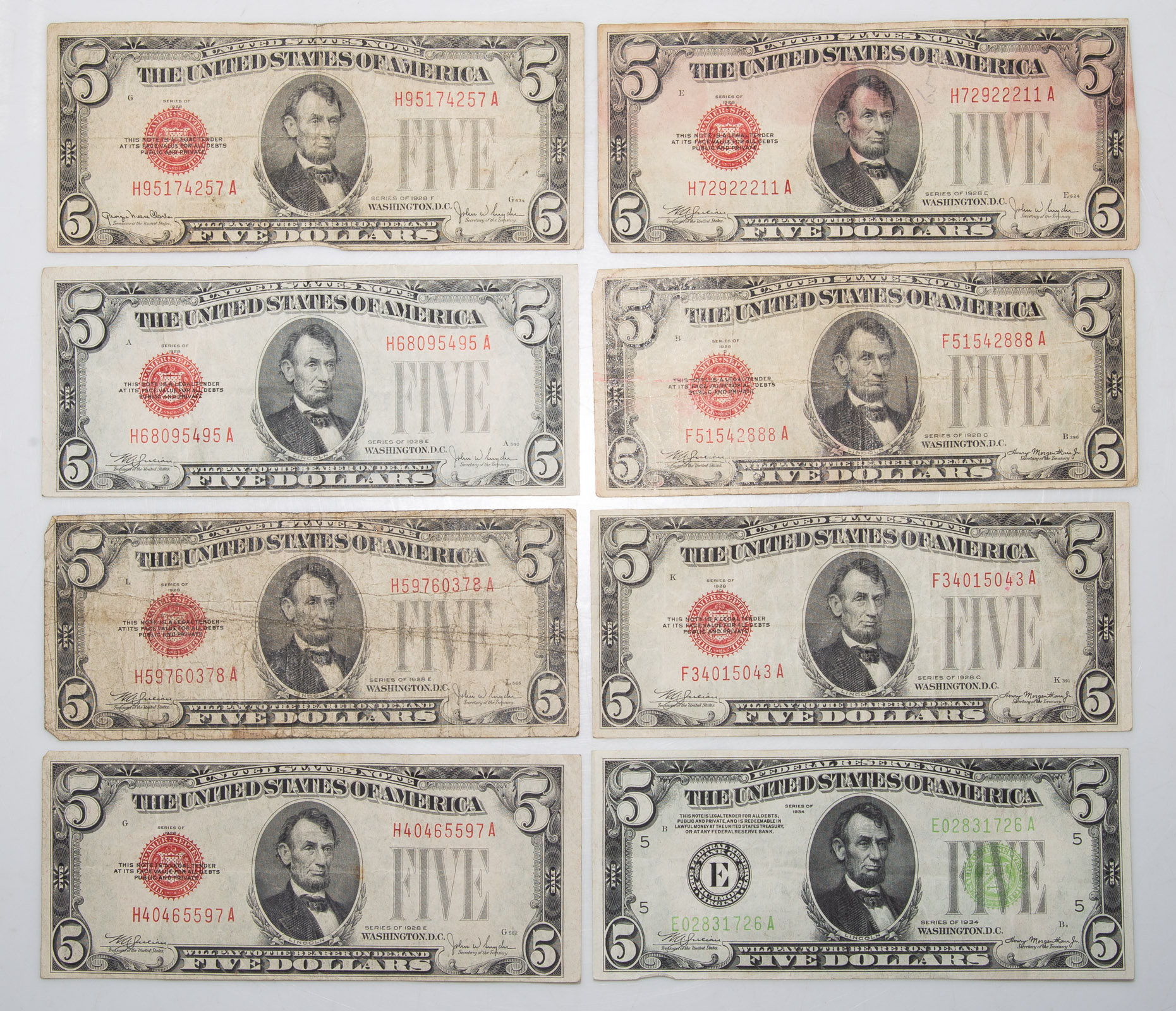 SIX 1928 $5 LEGAL TENDER &