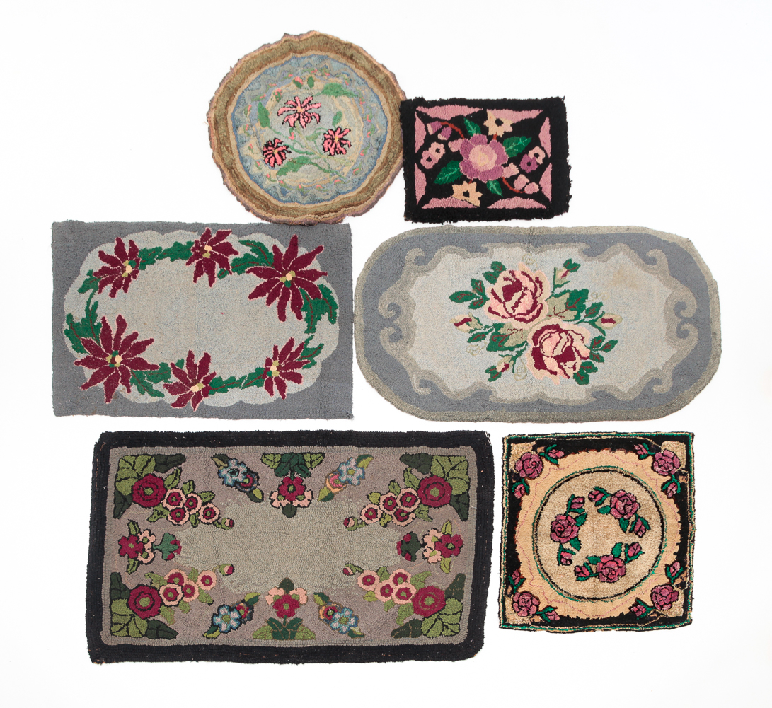 SIX AMERICAN HOOKED RUGS AND