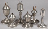 SIX AMERICAN PEWTER OIL LAMPS,