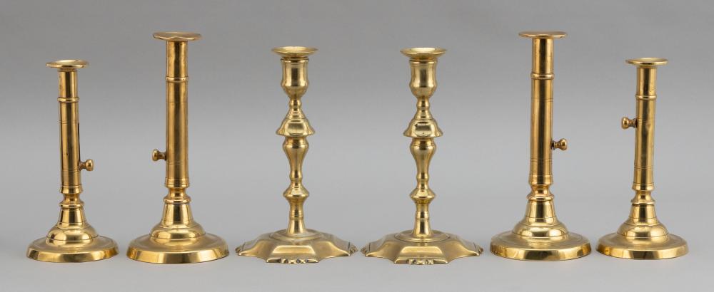 SIX ANTIQUE BRASS CANDLESTICKS LATE