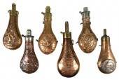 SIX ANTIQUE COPPER POWDER FLAS