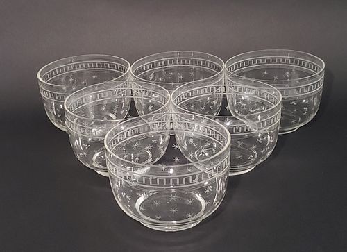 SIX ANTIQUE STAR ETCHED CRYSTAL