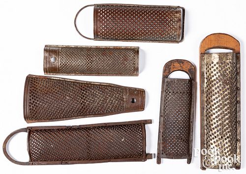 SIX ANTIQUE TIN GRATERS, LONGEST