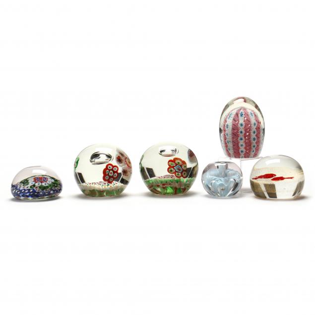 SIX ART GLASS PAPERWEIGHTS Mid to