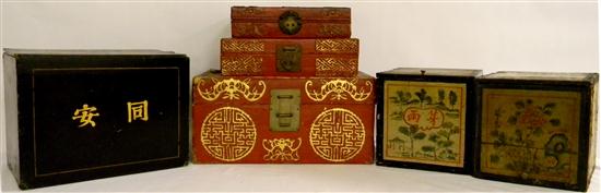 Six Asian painted boxes  three red