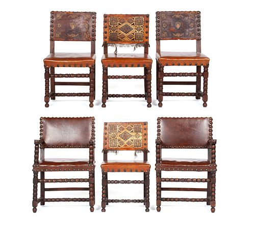 SIX ASSEMBLED BAROQUE STYLE LEATHER
