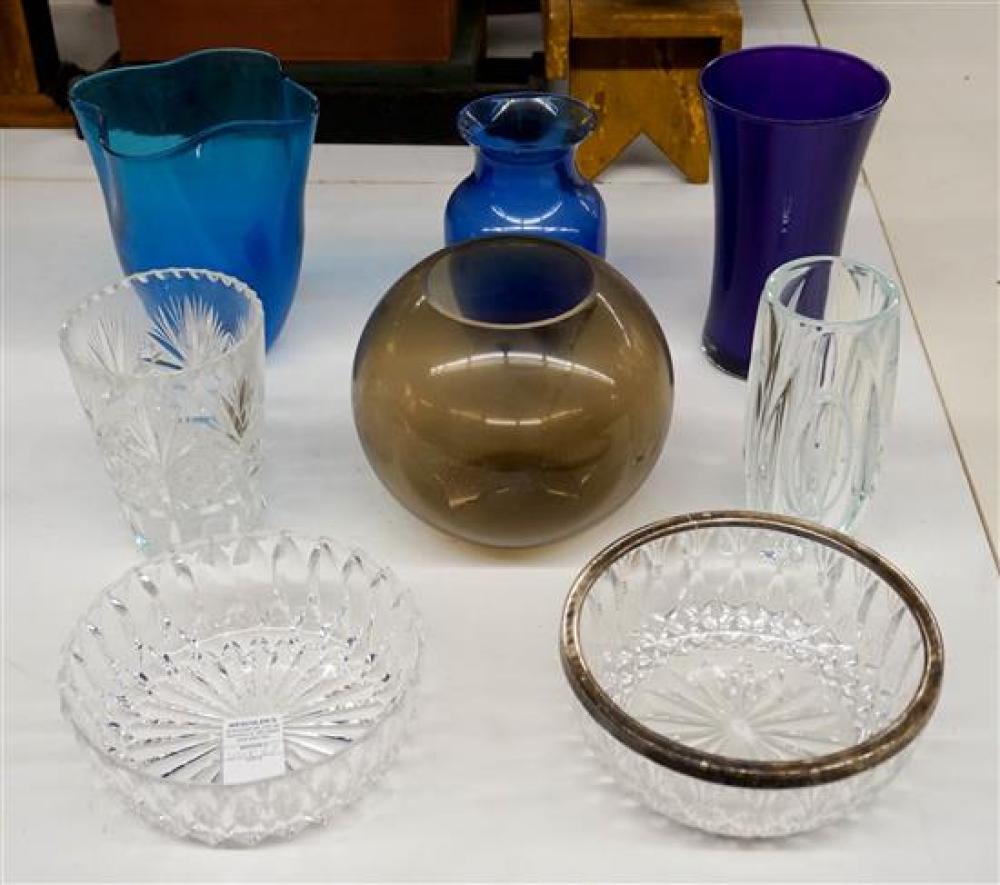 SIX ASSORTED GLASS VASES AND TWO