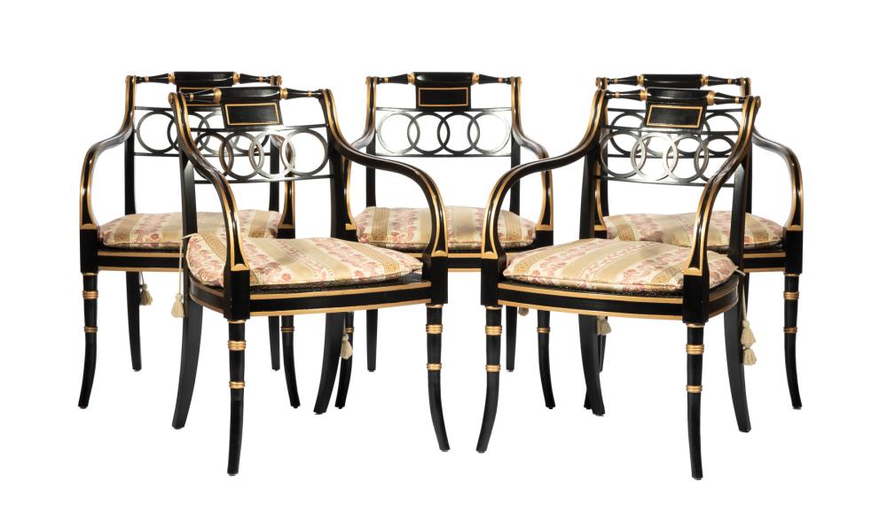 SIX BAKER PAINTED AND PARCEL GILT