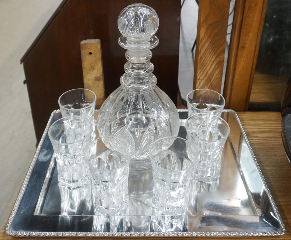 SIX BAR GLASSES AND A DECANTER WITH