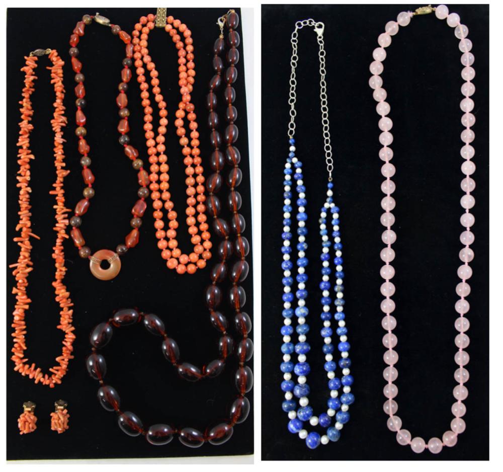 SIX BEAD NECKLACES AND A PAIR OF