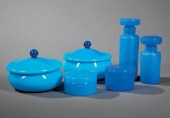 SIX BLEU OPALINE LIDDED VESSEL