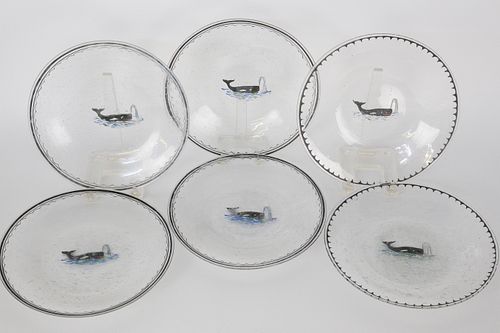 SIX BLOWN GLASS AND PAINT DECORATED