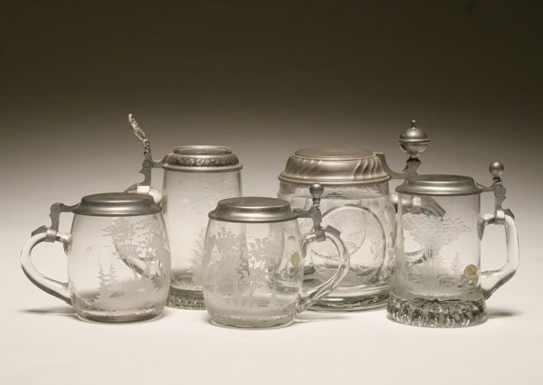 Six Bohemian decorated steins/mugs;