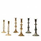 SIX BRASS AND PEWTER CANDLESTI