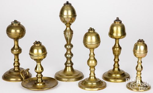 SIX BRASS FLUID LAMPS, EARLY TO MID