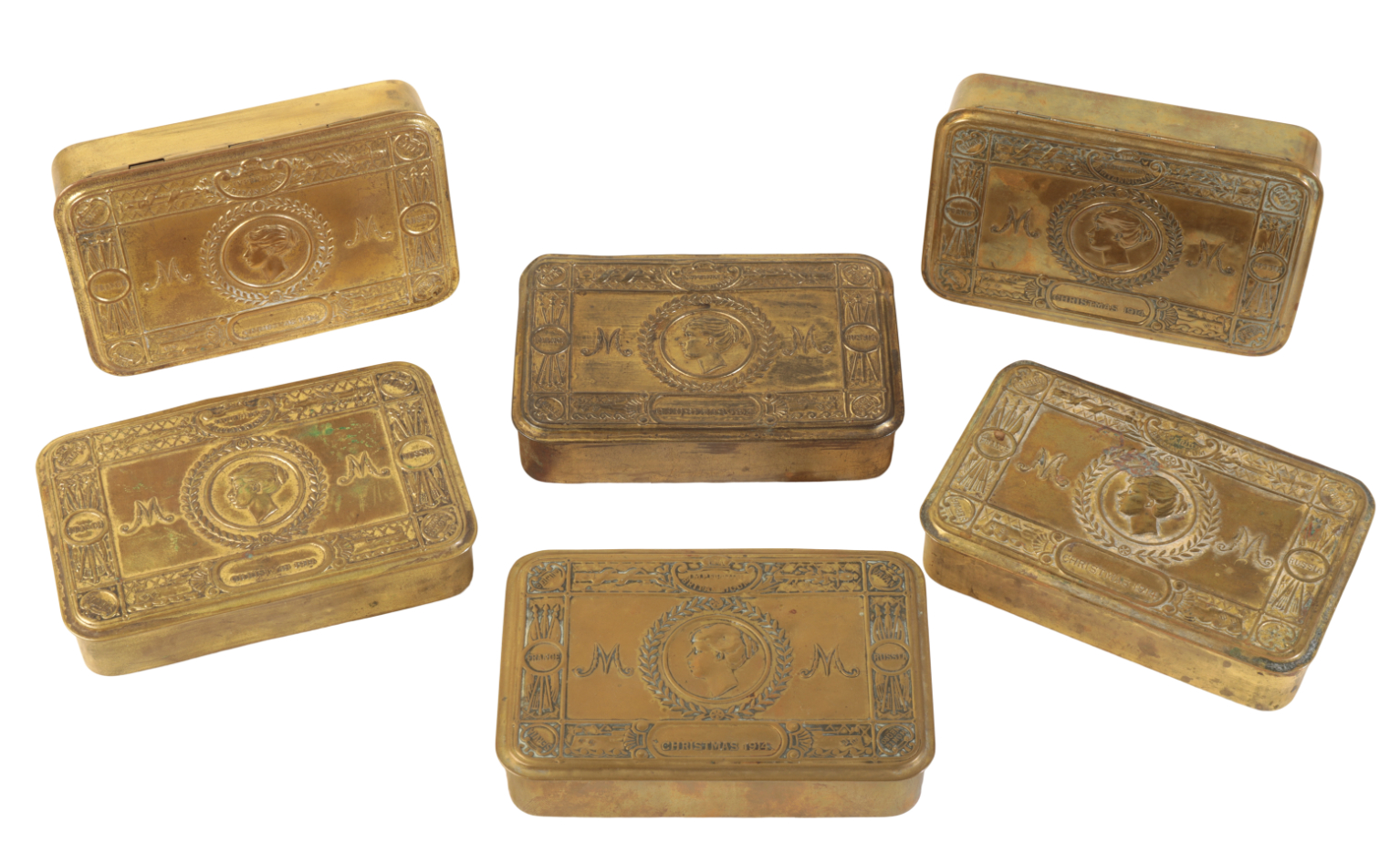 SIX BRASS MILITARY CHRISTMAS TINS
