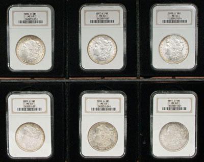 Six BU Morgan silver dollars:
