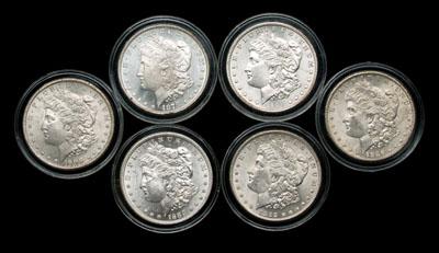 Six BU Morgan silver dollars: