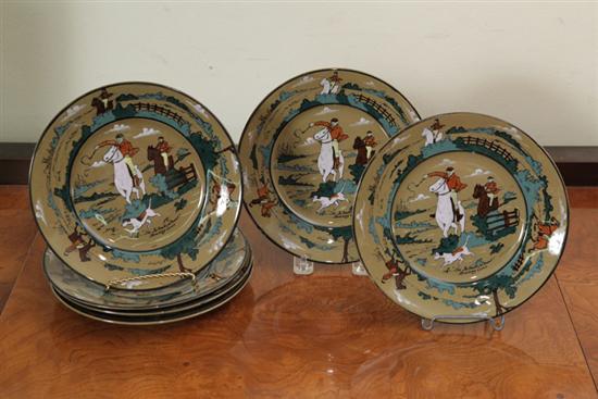 SIX BUFFALO DELDARE POTTERY PLATES.