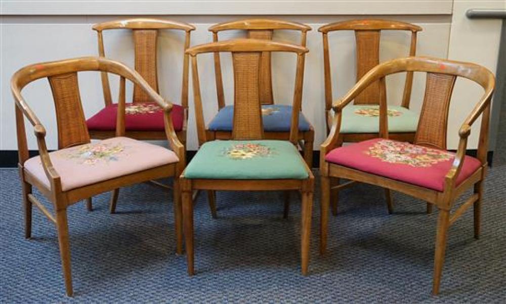 SIX CANE BACK FRUITWOOD UPHOLSTERED