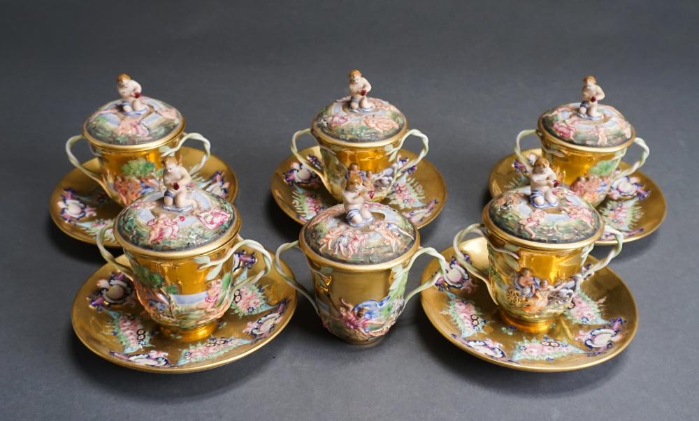 SIX CAPODIMONTE-TYPE GILT AND