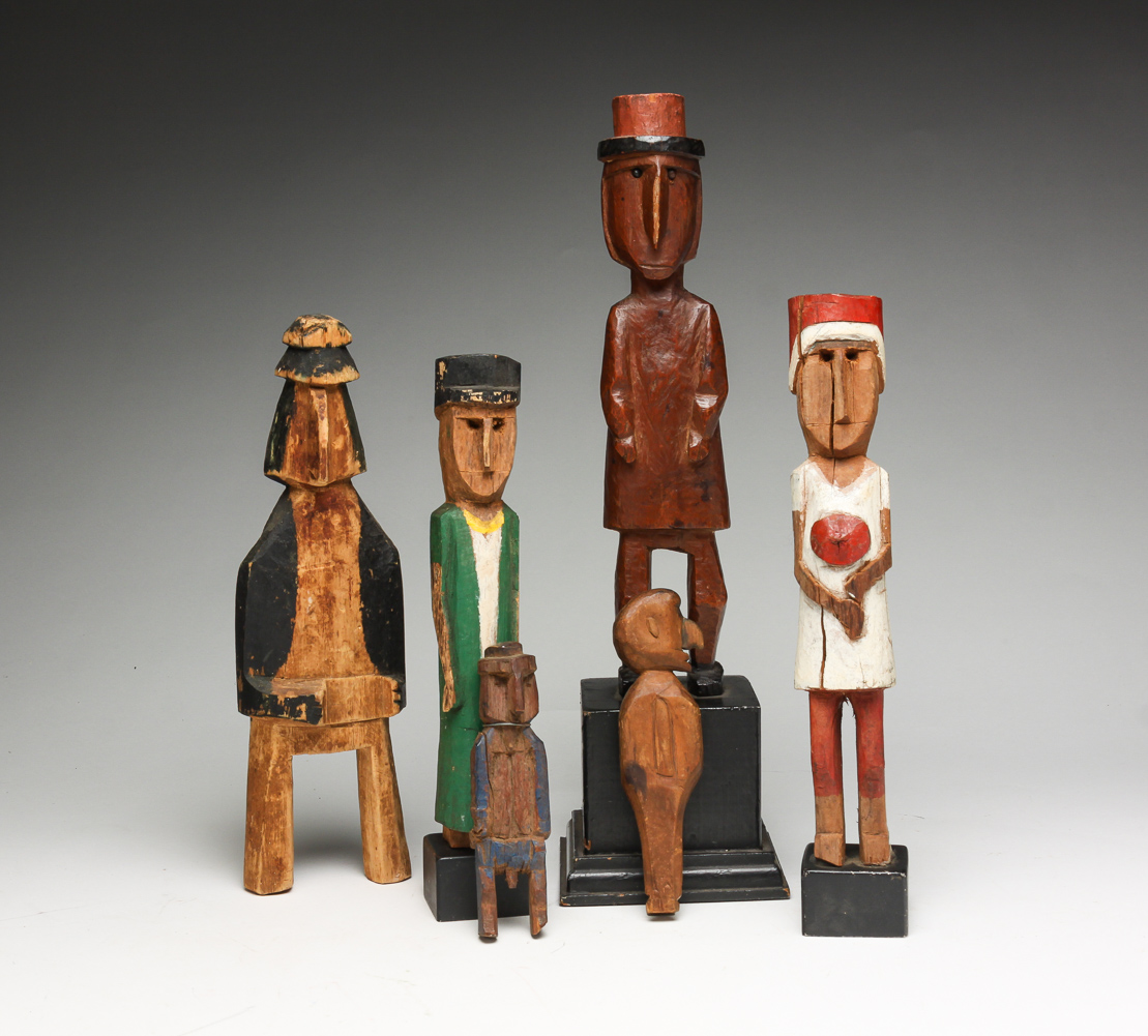 SIX CARVED FOLK ART FIGURES.
