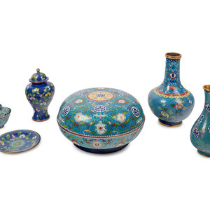 Six Chinese Blue Ground Cloisonné