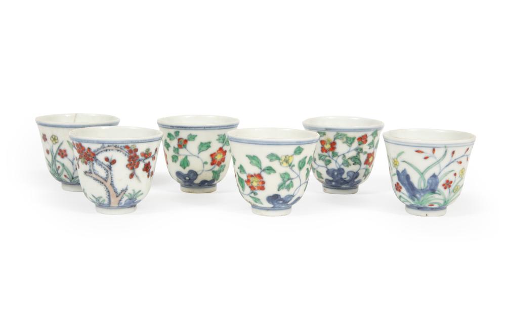 SIX CHINESE DOUCAI PORCELAIN WINE