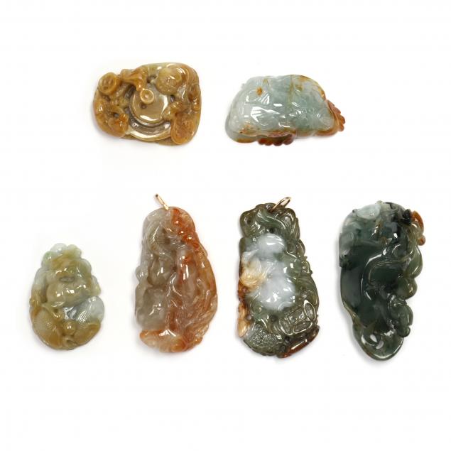 SIX CHINESE GREEN AND BROWN JADE