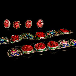 Six Chinese Red Lacquer Inset Metal
