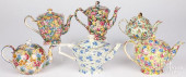 SIX CHINTZ PORCELAIN TEAPOTS,