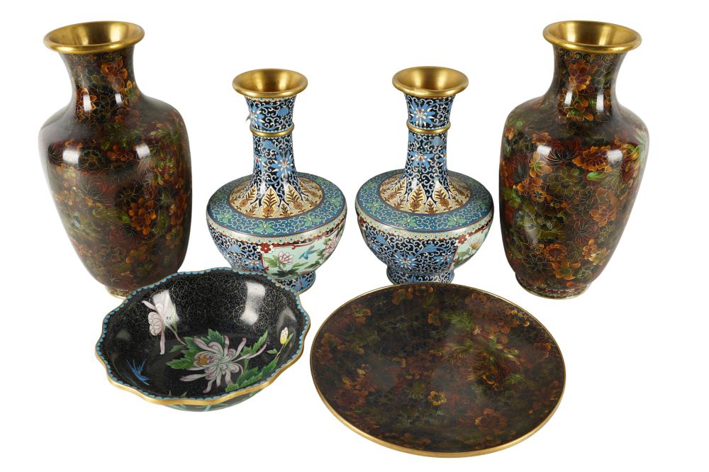 SIX CLOISONNE ENAMEL GILT METAL