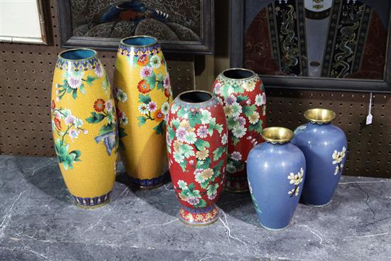 SIX CLOISONNE VASES. Colorful