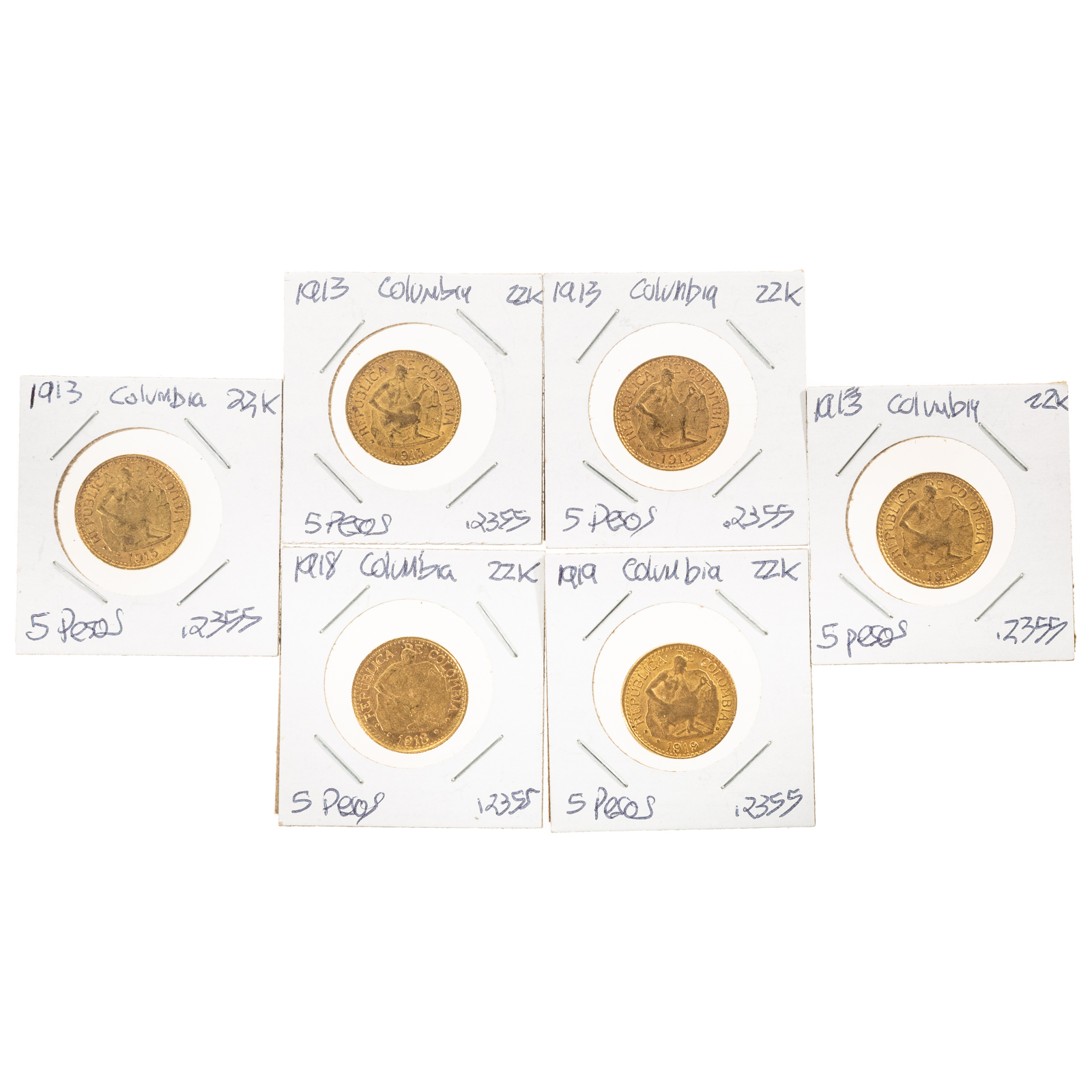 SIX COLUMBIAN GOLD 5 PESOS -