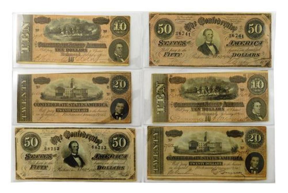 †SIX CONFEDERATE BANK NOTES, ALL
