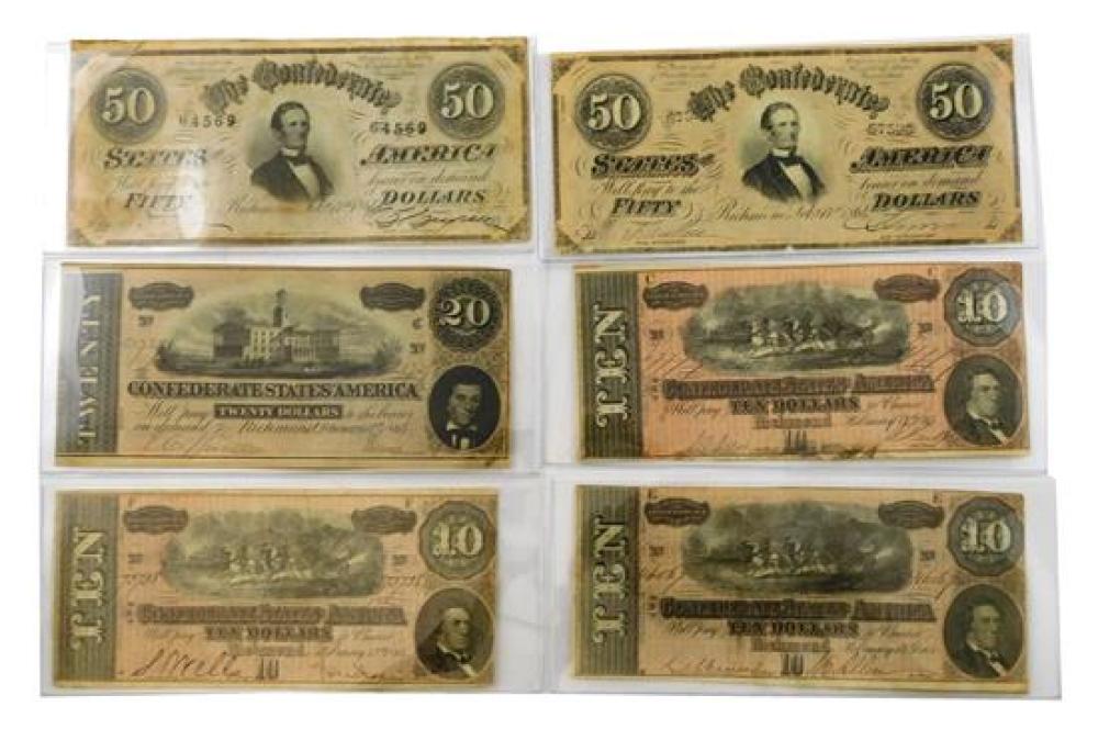 †SIX CONFEDERATE BANK NOTES, ALL
