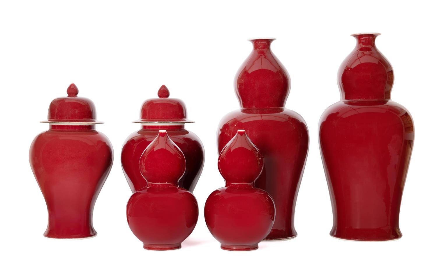 SIX CONTEMPORARY OXBLOOD RED GLAZED