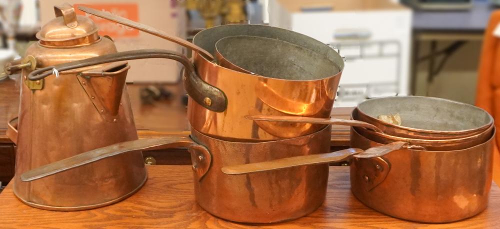SIX COPPER-CLAD POTS AND A